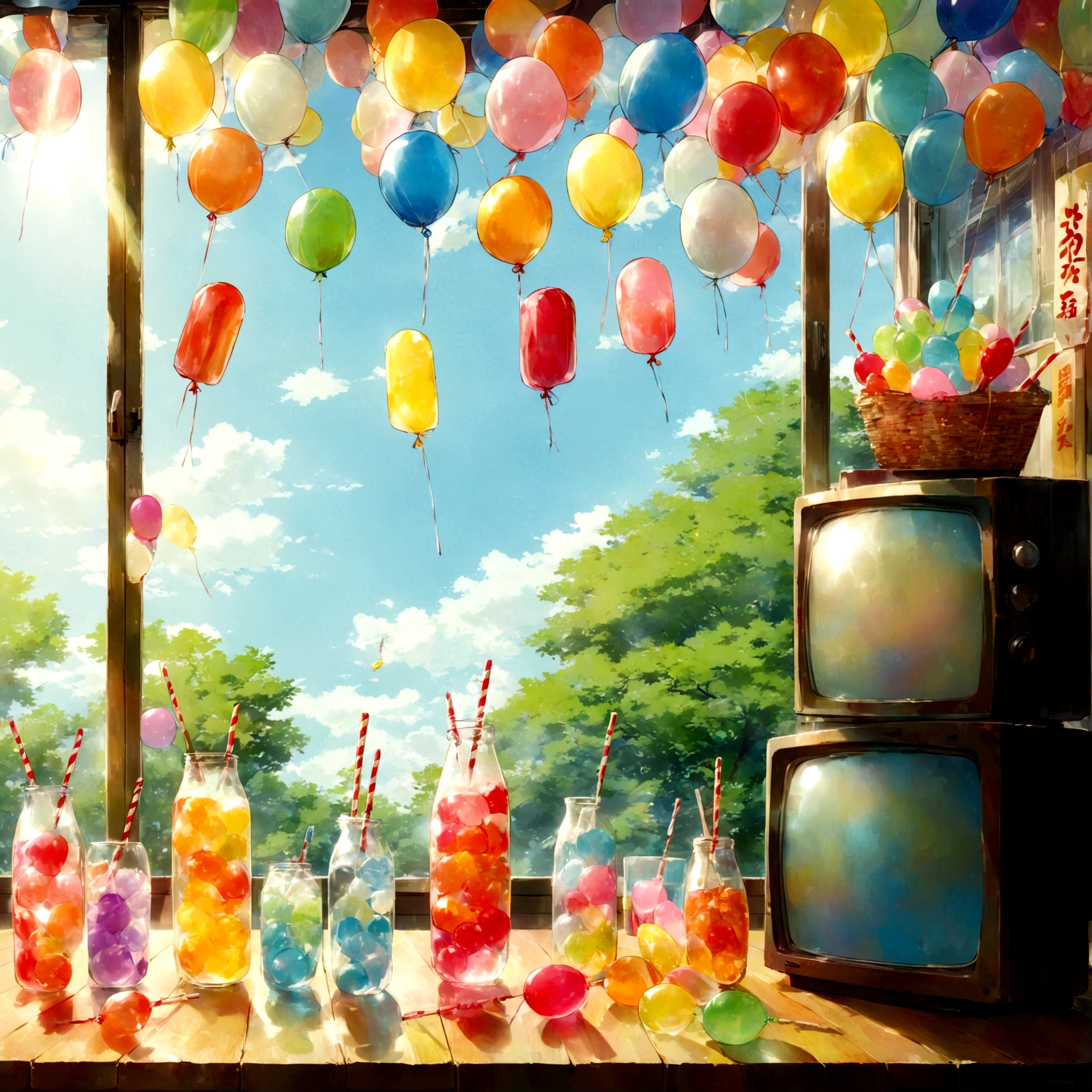 nostalgic木の匂い, Colorful sweets, Slightly faded packaging, Ramune in a glass bottle, A cold glass case, Lined up popsicles, Paper balloons hanging from the ceiling, Dimly lit interior, The sound of the TV coming from the back of the store, Cicada Voices, summer afternoon sunshine, excited, nostalgic,