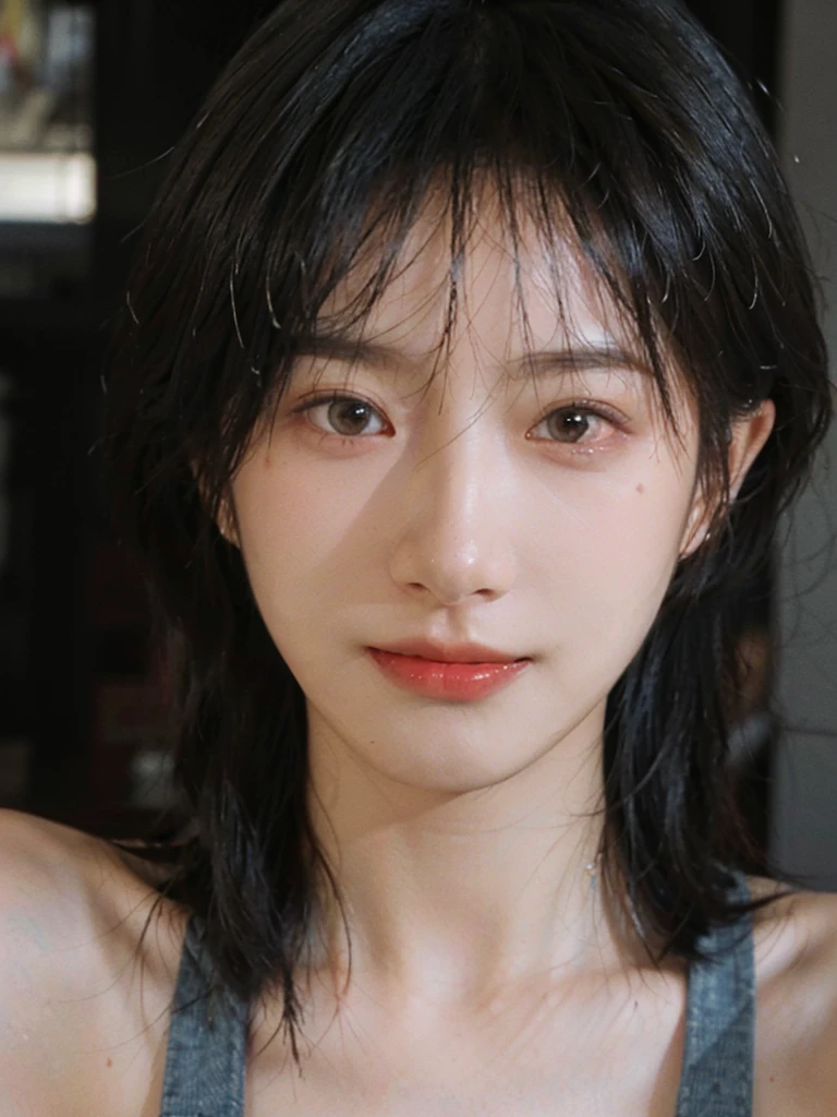 (Skin details:1.4), (smooth skin textures:1.3), (Upper body:1.4),(Upper Body:1.3)Lipstick, background, earrings, serene, calm, Suspenders,(Realistic and detailed eyes:1.2), Natural skin texture, Realistic facial details, Soft dramatic lighting, Vivid details, 35 mm film, outdoor, (Photo Practical:1.4), (hyper Practical:1.4), (Practical:1.3), (Smoother lighting:1.05), (Improve lighting quality:0.9), (Highest quality real skin textures:1.4), Exquisite eyes, Delicate face, Close-up of face, (Enhance the beauty of skin texture:1.1), Hair details,(Large Breasts:1.3)normal body ratio, short hair, Moles under the eyes, A faint smile,Portrait Photography, Depth of Field, Bokeh, Surrealism, Ray Tracing, (Portrait Photography:1.1), Surrealism, High Detail, Chiaroscuro, Ray Tracing, reflected light, Ultra HD, Ultra HD, masterpiece, Textured Skin, Super Detail, High Detail, high quality, best quality
