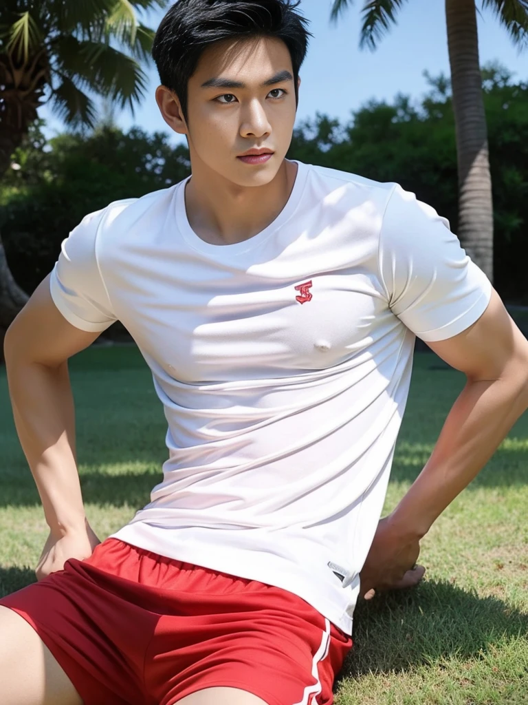 A handsome, muscular young Asian man looks at the camera. In a simple t-shirt white and red , Fieldside, grass, beach, sunlight