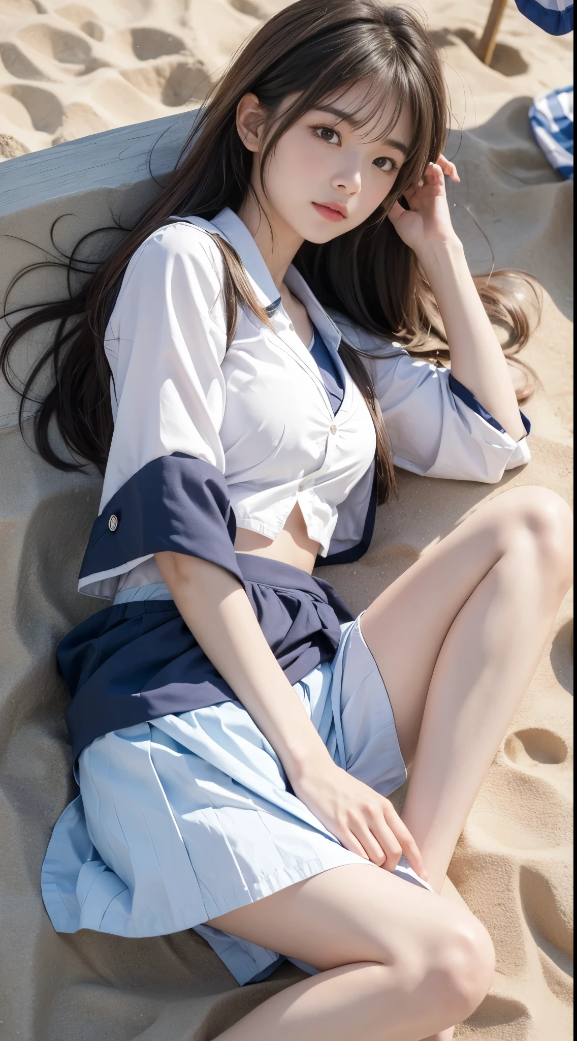 clannad, hikarizaka private high , summer uniform, (1girl, sexly),Lie flat on the beach,Bird's-eye view shooting,Lift up the skirt with your hands,Very rich details,((I-type Valley)), ((E-cup)), ((Visible cleavage)), warm sunlight,Soft sandy beach texture,(lifelike的皮肤:1.2),(Flowing hair:1.1),(Fine skirt:1.3),(Shadows and Highlights:1.2),(Ocean in the background:1.1),(breeze:1.0),(Clear skies:1.0),Intricate fabric details,Relaxed gesture,Gentle expression, Elegant posture,Smile,sunny,Delicate fabric texture,(lifelike:1.2),(high quality:1.3),(Natural light:1.1),