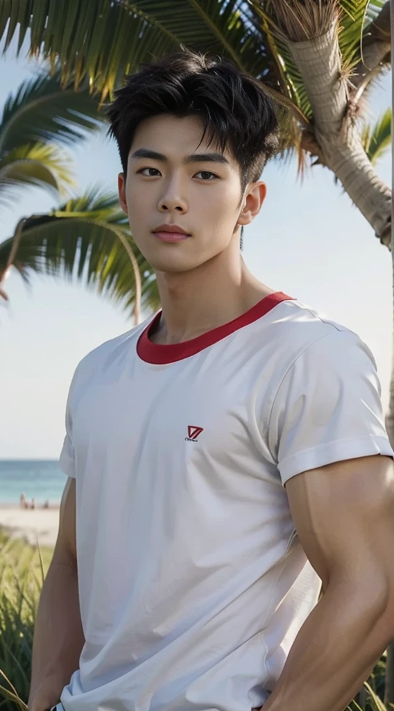 A handsome, muscular young Asian man looks at the camera. In a simple t-shirt white and red , Fieldside, grass, beach, sunlight
