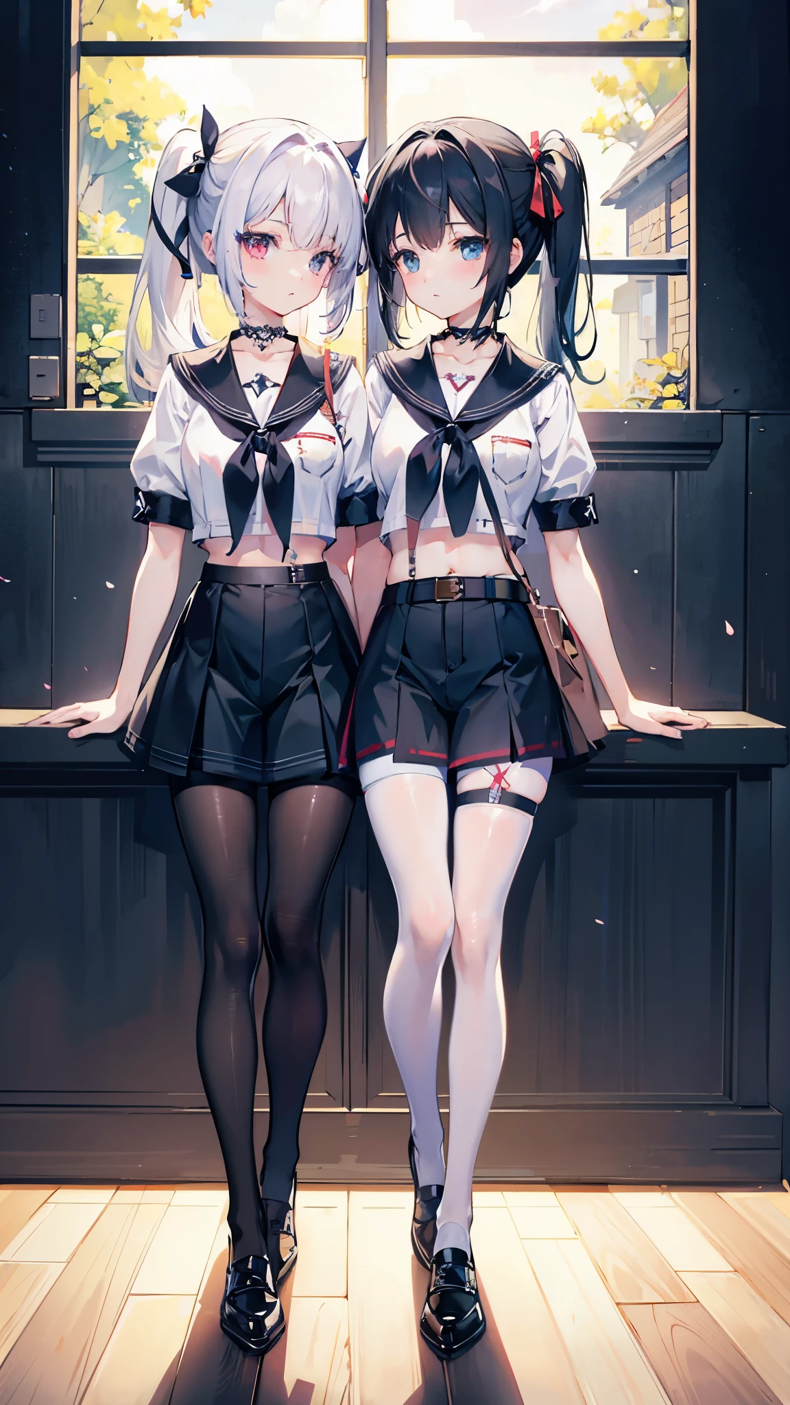 ,twins, Masterpiece,Best quality,offcial art,Extremely detailed Cg Unity 8K wallpaper, 2girls, cute female , Yuri, hair adornments, Short shorts, Crop top, Pantyhose, ribbon_choker necklace, leg belt,