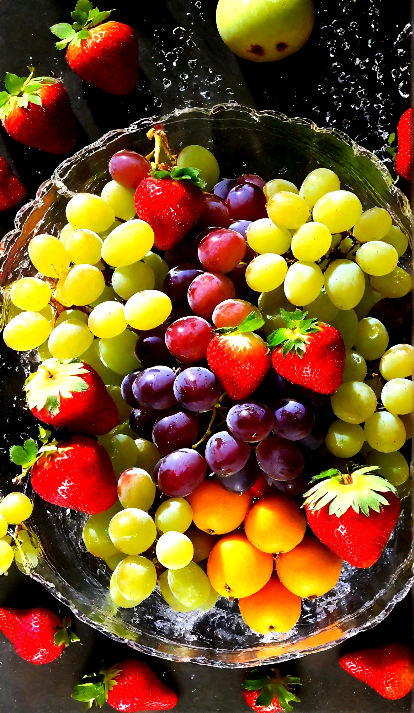 A small transparent bowl filled with various fruits，There are grapes，strawberry，Red grapes，Green grapes，Side view，Dew on the fruit，High-definition realism，photography，It looks very tempting，The theme image only takes up half of the screen，The background is a clean desktop。
