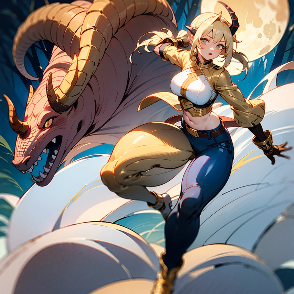 8k_wallpaper, extremely detailed eyes, extremely detailed body, 1girl,((perfect anatomy huge chest)), (intricate details:1.3), (ultra-detailed:1.3), (best quality:1.4), high quality, expressive eyes, full body, tall girl, detailed face, beautiful face, perfect face, detailed (blonde hair), (gold eyes), ((big red horns)), {{dark skin}}, ({dark skinned female}), gigantic breasts, thick thighs, translucent blue veins on the body, strong abdominal muscles, strong leg muscles, strong arm muscles, ponytail hairstyle, wearing a blue coat with rolled up sleeves, steel belly heavy armor warrior, leather pants, leather steel gloves, wide a leather belt with gold yarn, female dragonite, female dryad, female octopus, tentacles, night under the light of the moon in a dense dark forest,