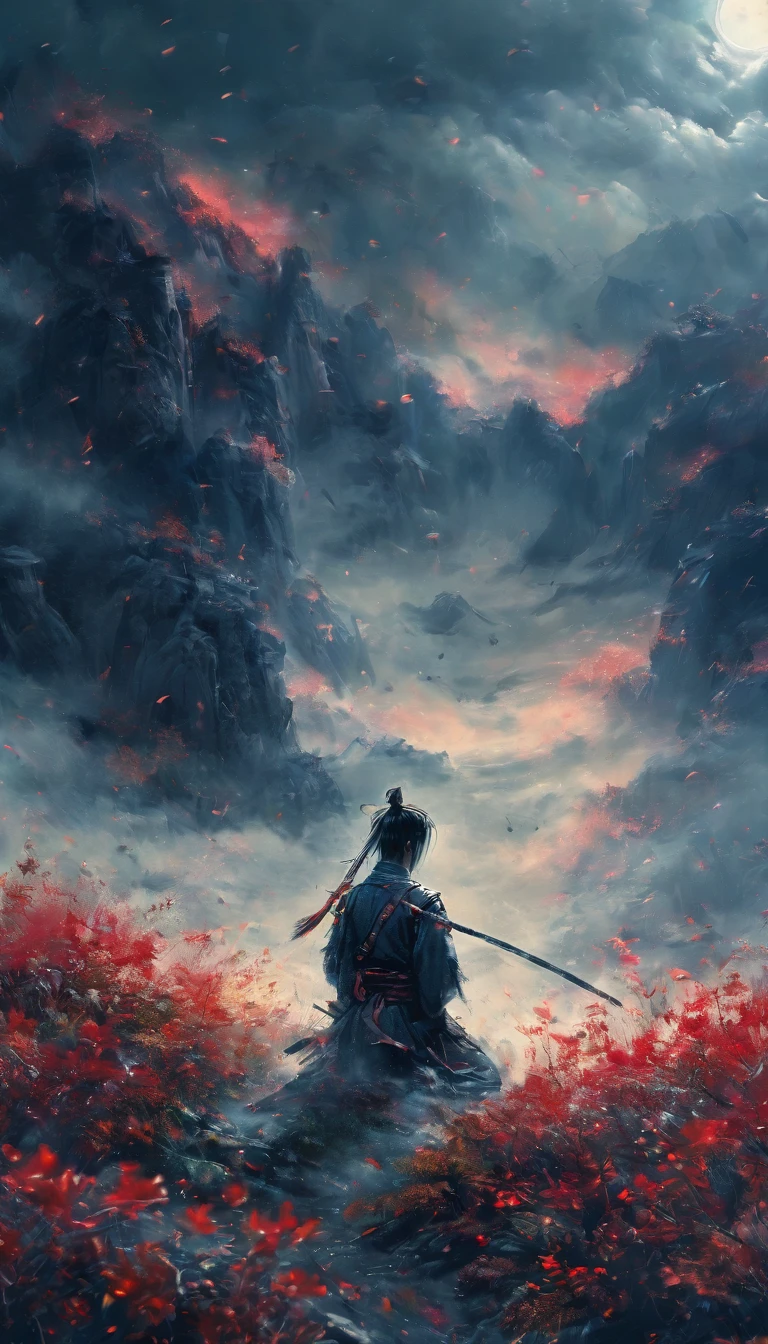 a young man kneeling in a flowery meadow, samurai, night, shining red moon, torn sword, long exposure, highly detailed, 8k, photorealistic, masterpiece, studio lighting, dramatic lighting, cinematic, moody atmosphere, vibrant colors, lush nature, intricate details