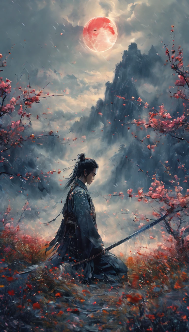 a young man kneeling in a flowery meadow, samurai, night, shining red moon, torn sword, long exposure, highly detailed, 8k, photorealistic, masterpiece, studio lighting, dramatic lighting, cinematic, moody atmosphere, vibrant colors, lush nature, intricate details