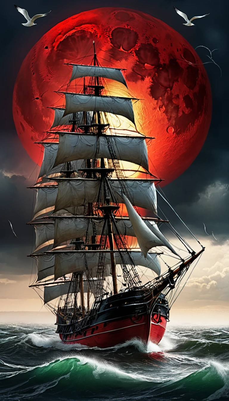 Ghost Ship of Tattered Sails.Rough seas.heavy rain.Red Moon.