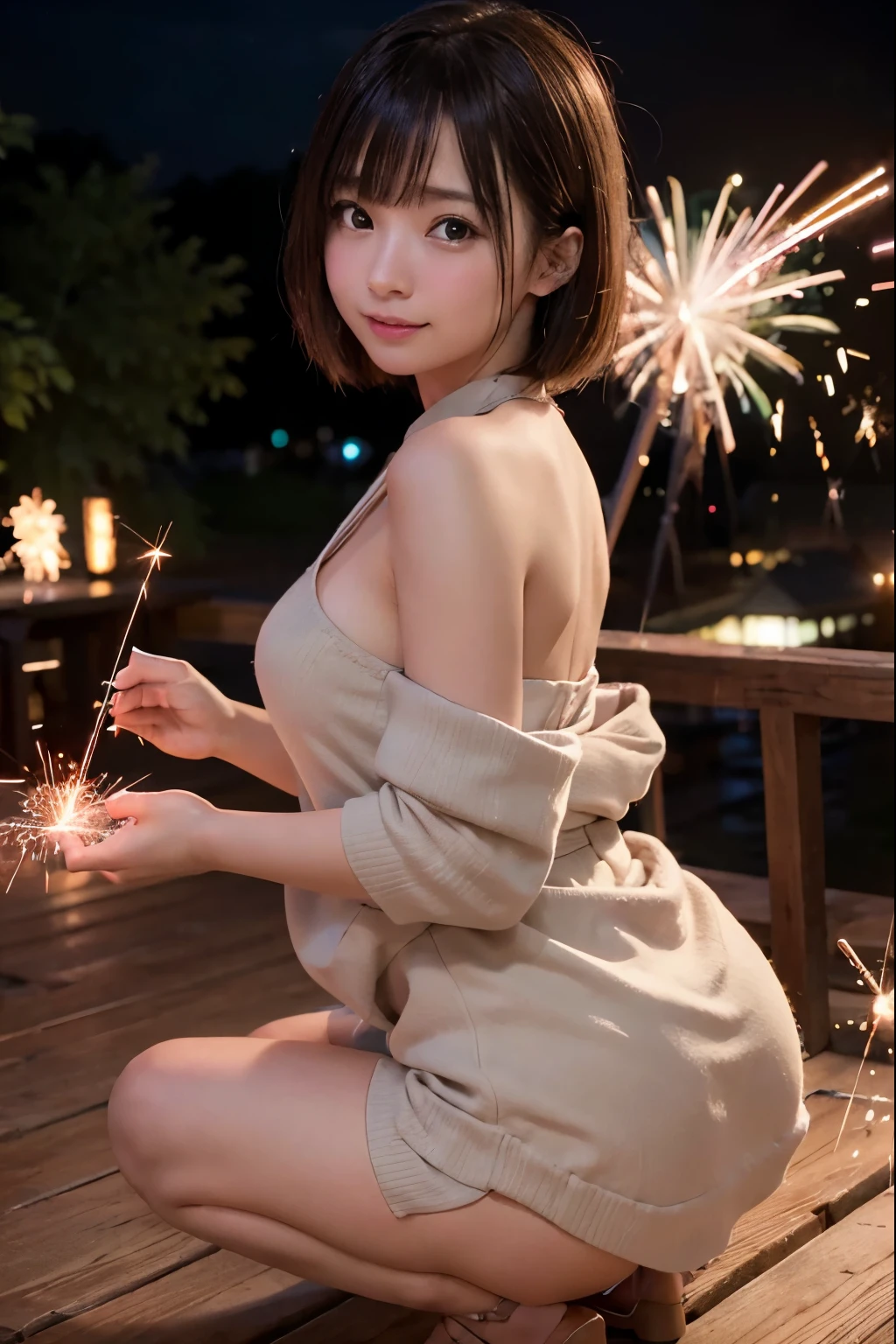Perfectly Anatomically Correct:1.4, 5 Beautiful finger:1.4,
1 Japanese Girl, Very Short Hair Bun:1.2, Wide-Set Eyes, Very White Skinned, Blush, Bashfully, 17-Year-Old, Open Mouse Slightly,
Cute Eyes, Brown Hair, Amused Smile,
((Japanese Sparklers Within Own Reached Arm:1.4)),
(Point Fireworks at Viewer:1.2),
Japanese Yukata:1.6, Squatting,
Looking Back Viewer:1.2,
from Back, from Side, from Bellow, Dynamic Angle,
SFW:1.0, Non-Nipple:1.0,
BREAK
Late Dusk, Embankment, Riverside Wooden Deck,
BREAK
8K, RAW Photo, Best Quality, Masterpiece, Realistic, PhotoRealistic, Extremely Detailed 8K Wallpaper, Beautifully Detailed Eyes, Finely Detailed Face,
BREAK
High-Key Lighting, Professional Lighting, Bokeh:1.0