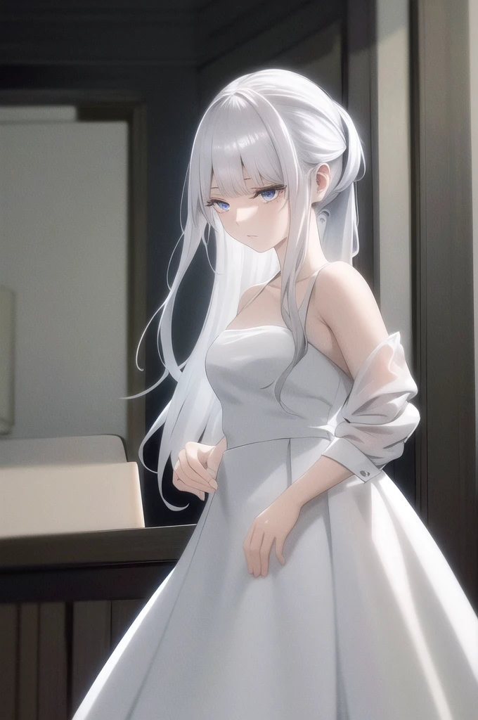 masterpiece, best quality, highres, 1girl white hair blue eyes ponytail long hair white dress