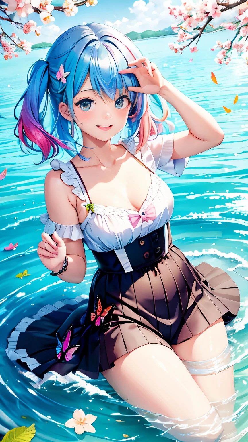 cute women with rainbow hair, multicolored butterflies, water, colorful blossoms