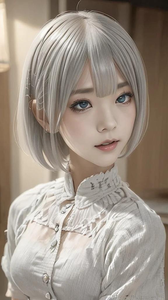 ((high quality)),Tabletop,(Detailed depiction of the site:1.2),1 Japanese girl,(flair shirt:1.3),Enchanted Valley,Mouth closed,eyelash,Looking at the audience,Portraiture,alone,Upper Body,Gray Hair,White Theme,short hair,Silver Hair,Yoruhano. 2 Type B,Expressionless,Emotionless