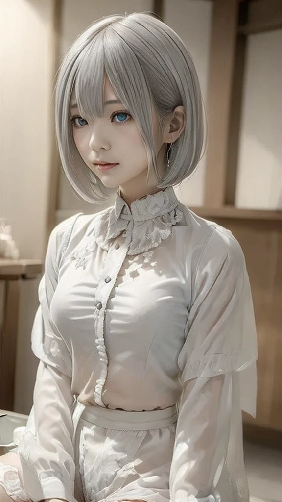 ((high quality)),Tabletop,(Detailed depiction of the site:1.2),1 Japanese girl,(flair shirt:1.3),Enchanted Valley,Mouth closed,eyelash,Looking at the audience,Portraiture,alone,Upper Body,Gray Hair,White Theme,short hair,Silver Hair,Yoruhano. 2 Type B,Expressionless,Emotionless