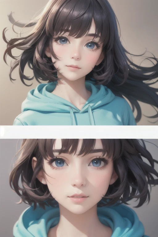 girl,Character design sheet,Beautiful attention to detail,Beautiful lip detail,Very detailed目と顔,Long eyelashes,Realistic,photoRealistic:1.37,Very detailed,Professional,Vibrant colors,Portraiture,Studio Lighting,Sharp focus,Physically Based Rendering,High resolution,超High resolution. blue eyes, Long Hair，Hair blowing in the wind、Black Hair，Lower the corners of the eyes，hoodie