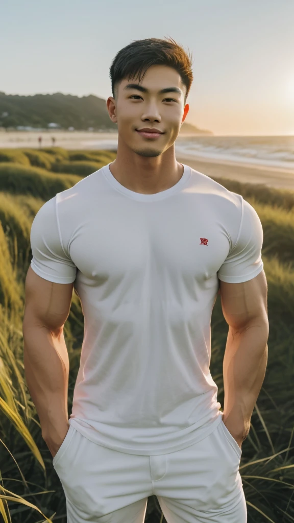 A handsome, muscular young Asian man looks at the camera. In a simple t-shirt white and red , Fieldside, grass, beach, sunlight