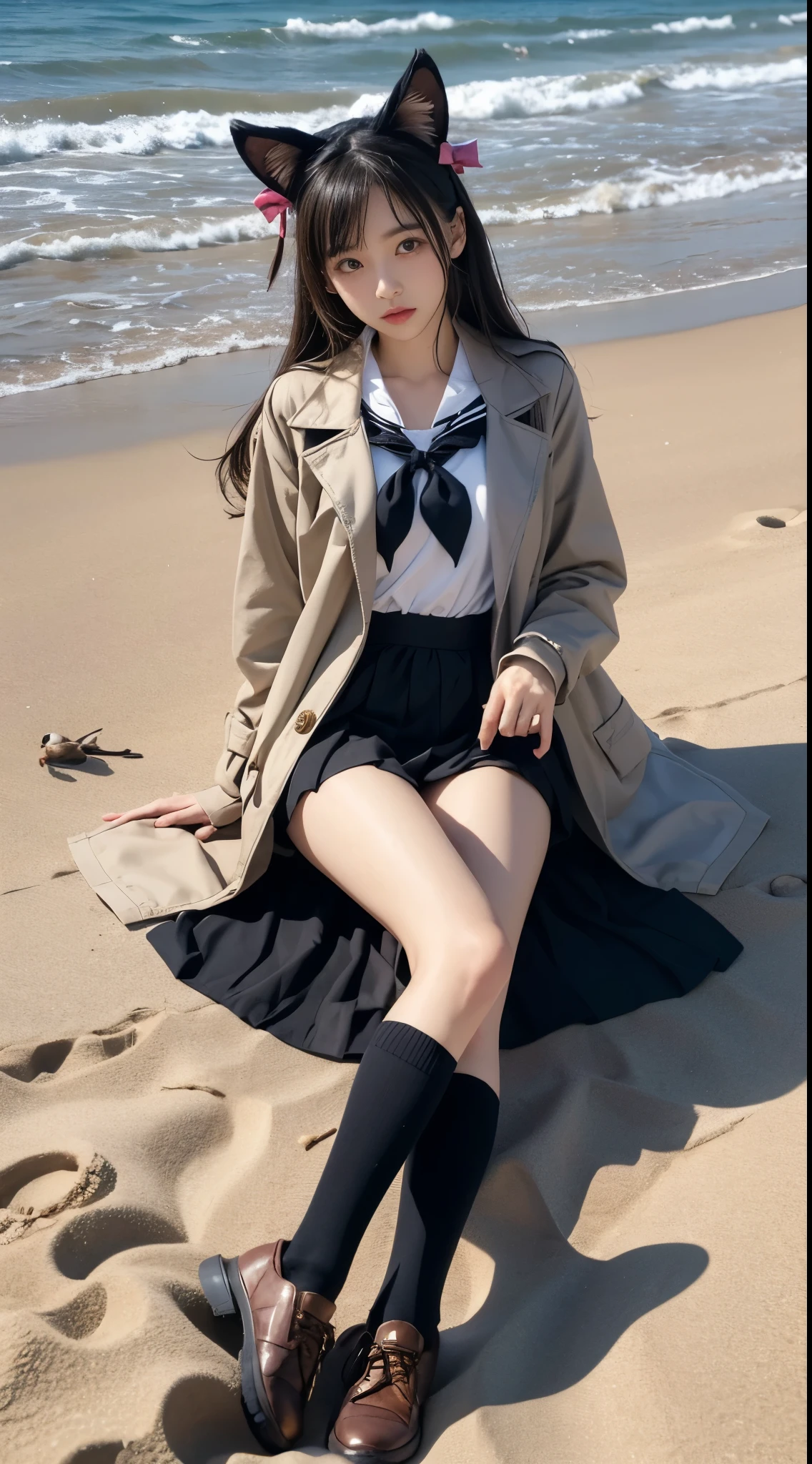 diana cosplay costume, animal ears, long jacket, bow, hair ornament, serafuku, neckerchief, long sleeves, socks, shoes, (1girl, sexly),Lie flat on the beach，Bird&#39;s-eye view shooting，Lift up the skirt with your hands，Very rich details，((Bare shoulders)), ((I-type Valley)), ((E-cup)), ((Visible cleavage)), warm sunlight，Soft sandy beach texture，（lifelike的皮肤:1.2），（Flowing hair:1.1），（Fine skirt:1.3），（Shadows and Highlights:1.2），（Ocean in the background:1.1），（breeze:1.0），（Clear skies:1.0），Intricate fabric details，Relaxed gesture，Gentle expression, Elegant posture，Smile，sunny，Delicate fabric texture，(lifelike:1.2)，(high quality:1.3)，(Natural light:1.1),