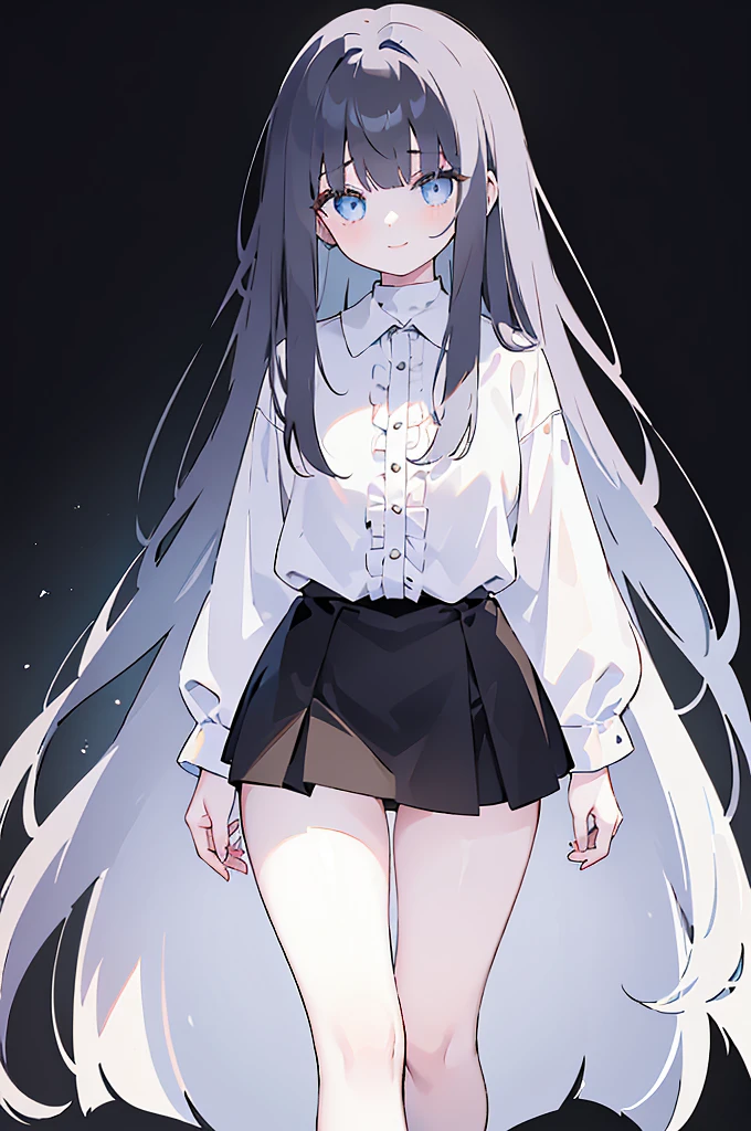 masterpiece, 8K, Detailed face, best quality, Must be created as described,  (1 girl, alone, 20 years old, 158cm), (Black hair, long hair, Straight Hair, Bangs), (innocent, Big blue eyes like diamonds), (fair skin), (Wearing a simple white shirt, Shirt length to thigh), (Black , briefs, Low waist style, Show your thighs), (Wearing only white socks), (Has black leather collar), (The expression looks shy, but with a smile), (light black background, Full body portrait, Facing the audience, Stand Up Straight, symmetry)