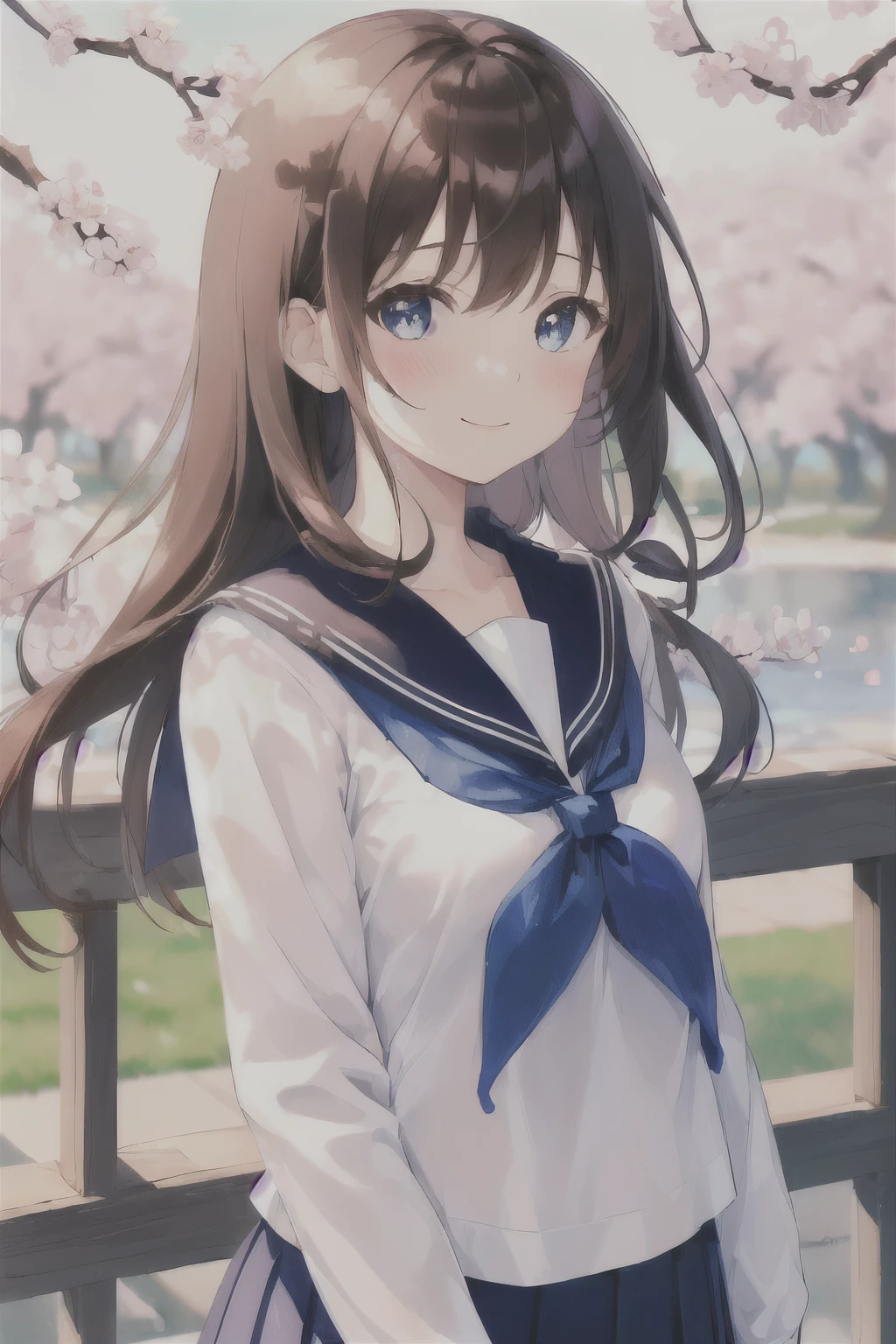 (upper_body:1.5), close-up, cherry_blossoms, outdoors, day, spring_\(season\), 1girl, smile, solo, bangs, blue_eyes, blush, closed_mouth, looking_at_viewer, long_hair, brown_hair, branch, eyebrows_visible_through_hair, floating_hair,hair_between_eyes, blue_sailor_collar, serafuku, long_sleeves, neckerchief, pleated skirt, pink_flower, petals, tree, white_shirt, wind, railing, sky