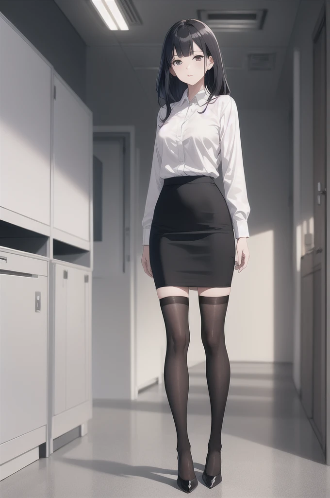 1girl, raiden mei, solo, office lady, collared shirt, white shirt, pencil skirt, black thighhighs, high heels, standing, full body, office, indoors, depth of field, masterpiece