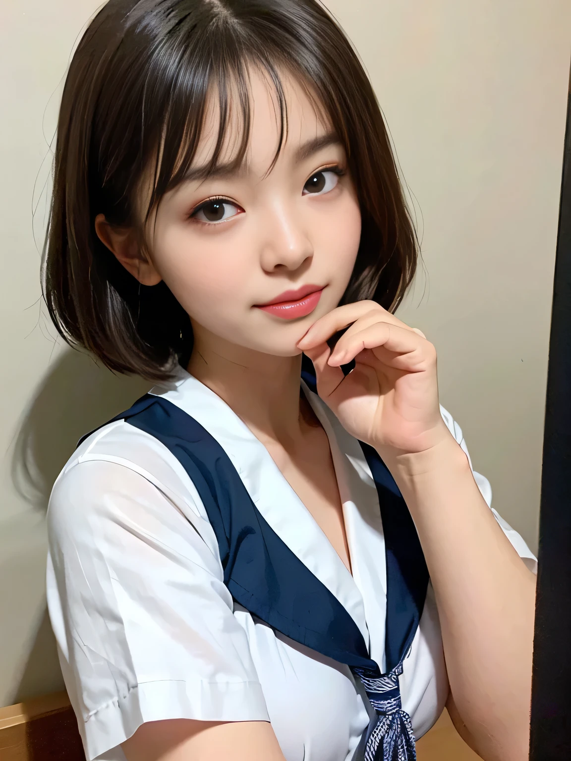 (masterpiece:1.3)、Very fine finish、(High resolution、8K:1.3)、(Highest quality)、(Ultra-realistic as a photo:1.3)、Correct limbs、Anatomically correct, The face is in focus、(Face close-up:1.3)、 Ultra High Resolution Face、The face is in focus、Ultra high definition and beautiful eyes、Concentrated eyes、Eyes are symmetrical:1.3、High quality and beautiful skin、Firm Skin、Ultra HD Hair Texture、Japanese women、19 years old、Short Bob Cut、very cute, Half Up:1.3, high school girl、high school girl break (A short-sleeved navy blue high school girl&#39;s uniform、Short-sleeved sailor suit:1.3), (Embarrassing:1.3), (blush:1.3), (Troubled expression:1.3), Mr..々Shooting angle:1.3, View your viewers, Browsing Caution, Licking fingers、Pink wall