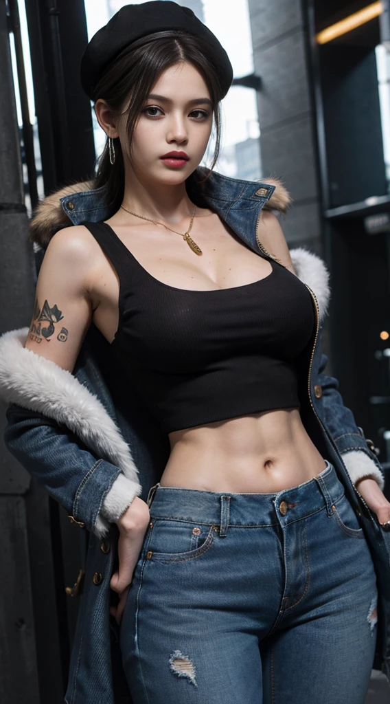 masterpiece, best quality, 8k,highestres, absurdres, extremely detailed, female trafalgar law, solo, looking at viewer, short hair, medium breasts, hat, navel, cleavage, collarbone, earrings, midriff, pants, coat, fur trim, denim, jeans, shoulder tattoo, black fur-trimmed coat, coat on shoulders, yellow tank top,