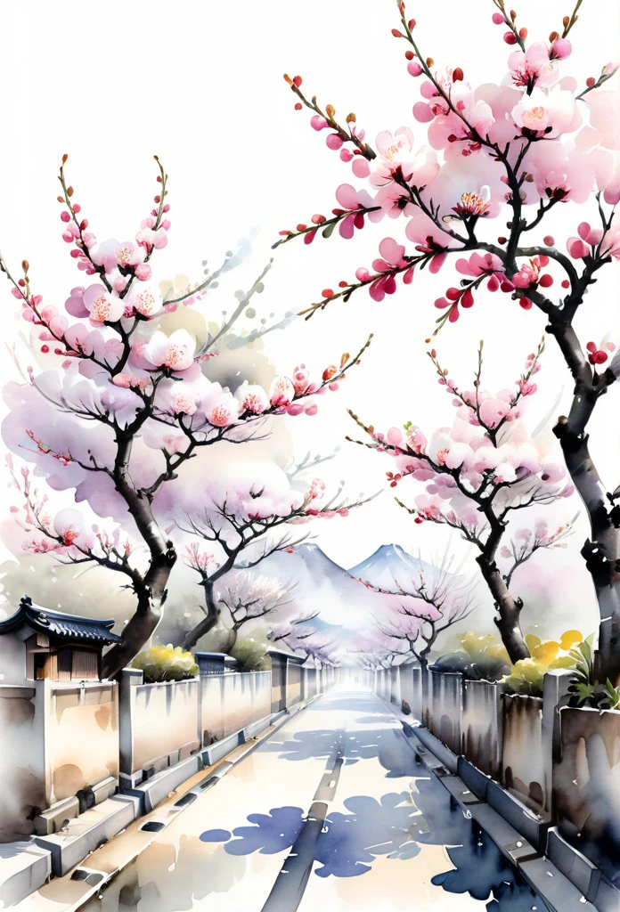 White background
a watercolor illustration of Japanese plum trees
Many fine plum trees are designed to slip between and between the traditional streets of old Japan
Tasteful, Japanese-style design
chic and modern design
monotone
The background is white