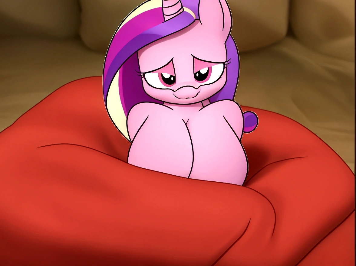 there is a cartoon picture of a pinkie pony sitting on a red blanket, fim still, windy mane, pinky pie my little pony, giddy smirk, slightly smiling, naughty expression, pinkie pie equine, very sleepy and shy, looking exhausted, slight smirk, nefarious smirk, lumpy skin, sleepy expression, holding a pudica pose