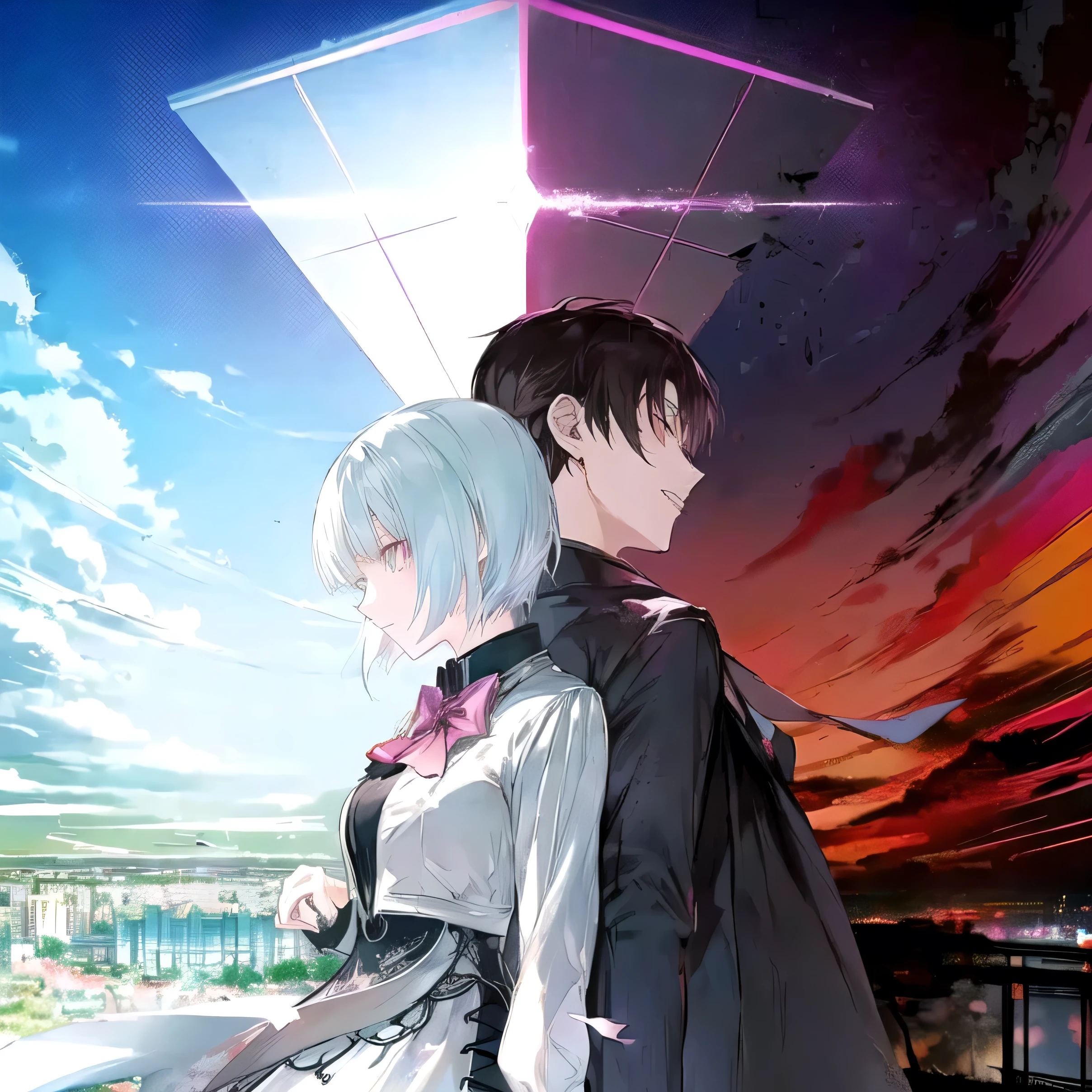 Anime couple standing on a balcony looking at the sky, Tokyo Ghoul, Anime Key Visual Concept art of, anime key art, Official Anime Artwork, Light novel cover, Anime Cover, Anime Key Visual Concept, Atmospheric anime, Detailed Key Anime Art, Ethereal Anime, official anime key visual, Visual novel key visual, 2b ..., 2b