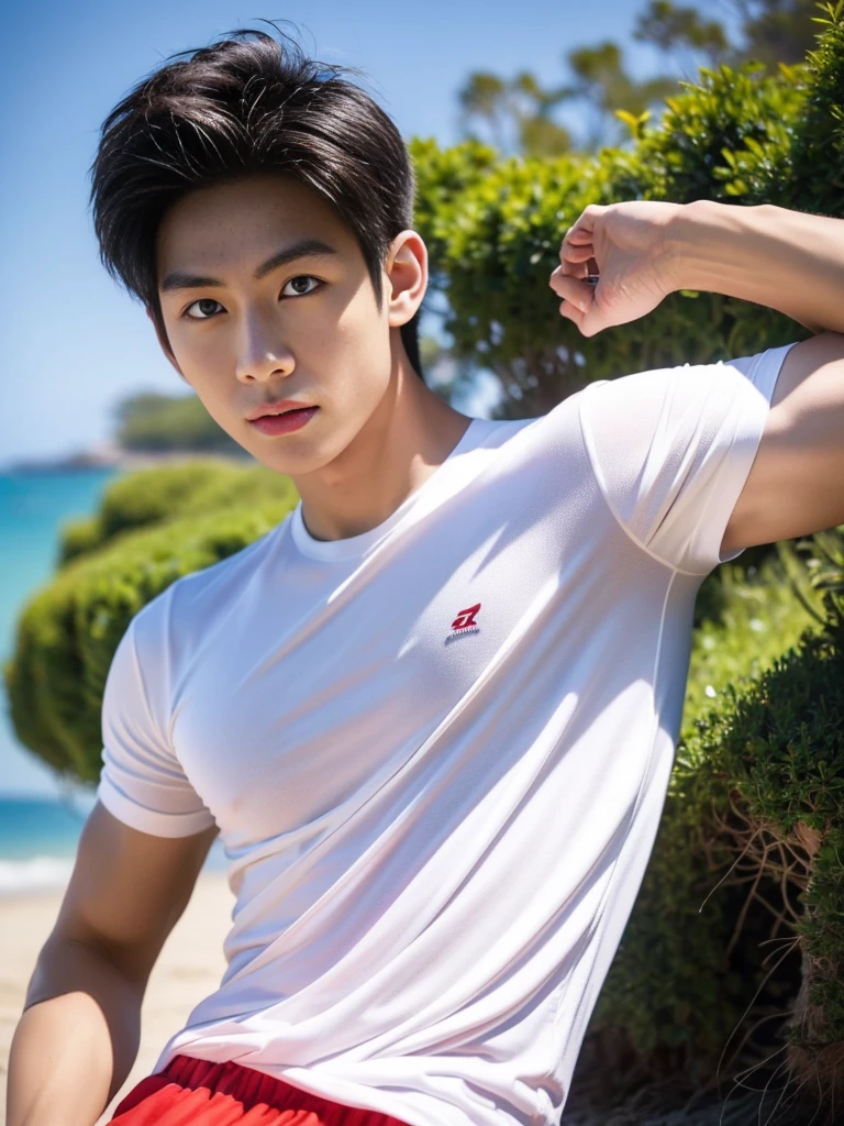 A handsome, muscular young Asian man looks at the camera. In a simple t-shirt white and red , Fieldside, grass, beach, sunlight