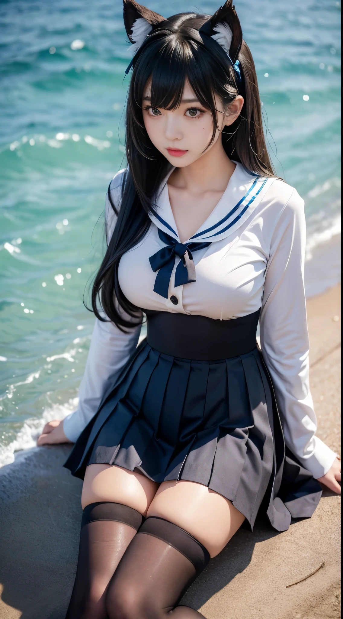 Atago, 1girl, 独奏, Atago \(azur lane\), cosplay, mole under eye,
animal ears, very long hair,bangs, sidelocks, hair ribbon,
,cardigan, sailor collar, serafuku, long sleeves, pleated skirt, pantyhose, (1girl, sexly),Lie flat on the beach，Bird&#39;s-eye view shooting，Lift up the skirt with your hands，detail非常丰富，(red makeup, Ancient makeup), ((Bare shoulders)), ((I-type Valley)), ((E-cup)), ((Visible cleavage)), ((Sexy long legs)), warm sunlight，Soft sandy beach texture，（lifelike的皮肤:1.2），（Flowing hair:1.1），（Shadows and Highlights:1.2），（Ocean in the background:1.1），（breeze:1.0），complicated布料detail，Relaxed gesture，Gentle expression, Elegant posture，Smile，sunny，Delicate fabric texture，(lifelike:1.2)，(high quality:1.3)，(Natural light:1.1), best quality, correct, correct的手, correct的腿, 解剖学correct, Official Art, complicated, detail的脸, detail, lifelike, Very detailed, Astonishing, beautiful, Young and energetic, Charming model, Detailed CG 8k wallpaper