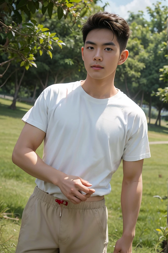 A handsome, muscular young Asian man looks at the camera. In a simple t-shirt white and red , Fieldside, grass, beach, sunlight