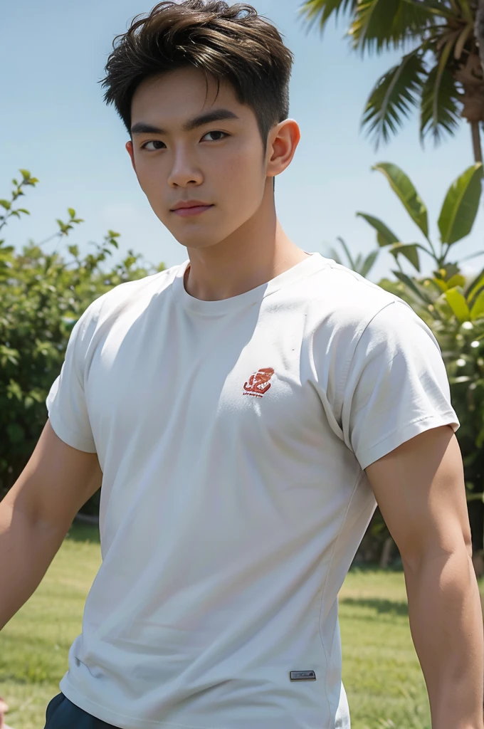 A handsome, muscular young Asian man looks at the camera. In a simple t-shirt white and red , Fieldside, grass, beach, sunlight