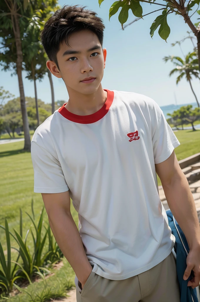 A handsome, muscular young Asian man looks at the camera. In a simple t-shirt white and red , Fieldside, grass, beach, sunlight