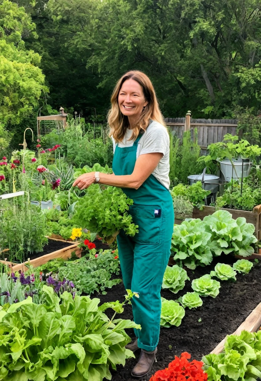 Dr. Amanda Eversfield in her garden, tending to vibrant flowers and vegetables, dressed in casual gardening clothes, with a relaxed and content expression, surrounded by greenery and blooming plants.