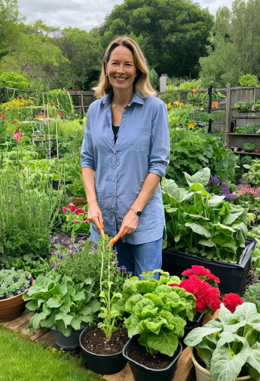 Dr. Amanda Eversfield in her garden, tending to vibrant flowers and vegetables, dressed in casual gardening clothes, with a relaxed and content expression, surrounded by greenery and blooming plants.