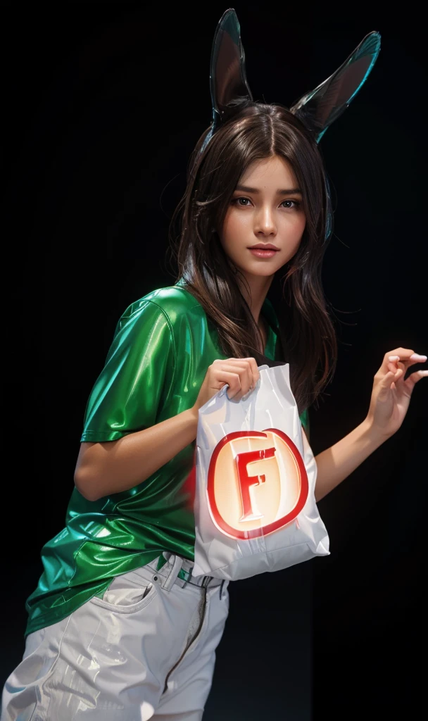 The image features a young woman with long dark hair, wearing a green shirt. She is holding a white bag with a red letter 'F' printed on it, smooth 3d model, glossy plastic texture, multiple light sources, rim light, sharp post effects render, most beautiful vfx, , realistic, 4k, high resolution, rim light, smooth 3d model. ,  glossy texture, smooth 3d model, multiple light sources, rim light, sharp post effects render, (glossy plastic texture with multiple big light probe refractions), perfect cgi,   reflective, best quality, 4k, masterpiece:1.2, ultra-detailed, realistic, vivid colors, The image of the highest quality, ensuring every detail showcased perfectly. It in 4k resolution, allowing viewers to immerse themselves in the richness of the colors and intricate details. The realistic rendering. under the spotlight, reflecting, high-resolution image, realistic rendering