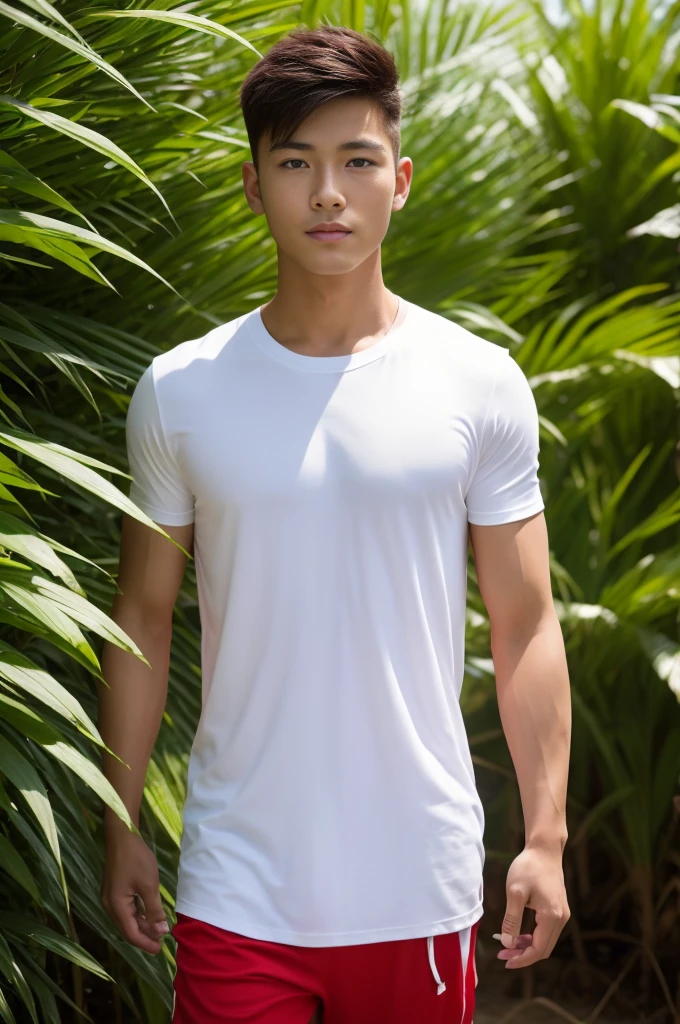 A handsome, muscular young Asian man looks at the camera. In a simple t-shirt white and red , Fieldside, grass, beach, sunlight