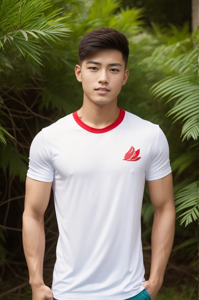 A handsome, muscular young Asian man looks at the camera. In a simple t-shirt white and red , Fieldside, grass, beach, sunlight