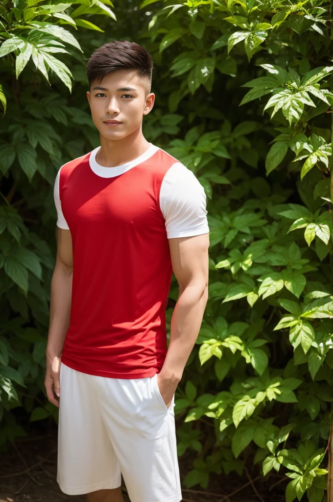 A handsome, muscular young Asian man looks at the camera. In a simple t-shirt white and red , Fieldside, grass, beach, sunlight