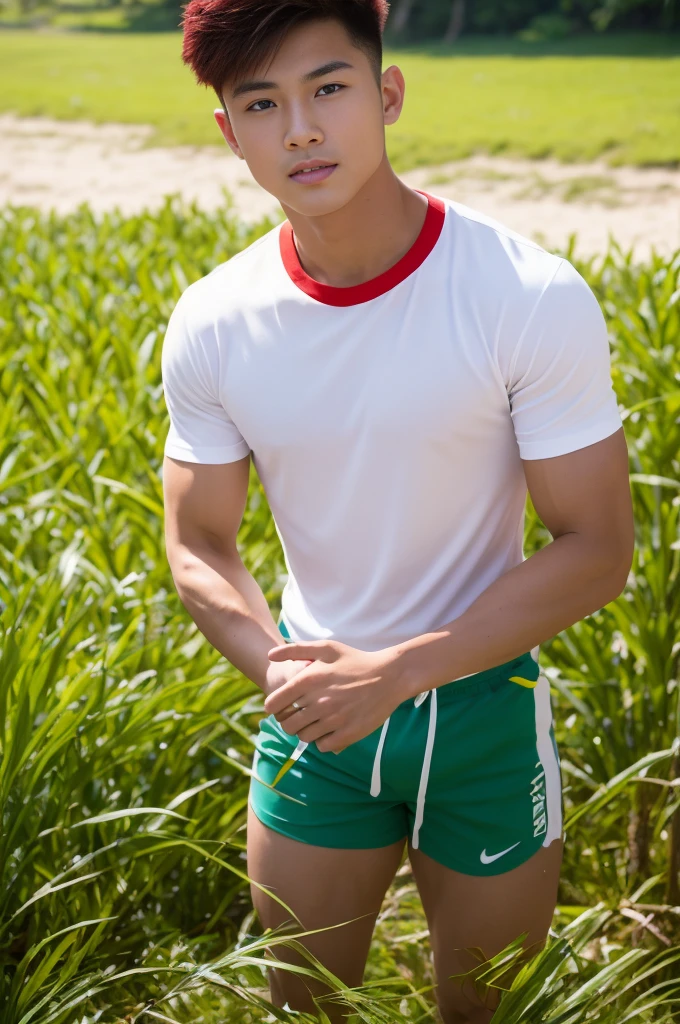 Japanese high school boy、15 years old、Well-developed muscles and smooth skin、Pale blonde hair, spiky like Bakugou、Light red boxer briefs、The whole body is visible from toes to head、In the shade of the forest、Hero Academy、Bold Smile、looking at the camera