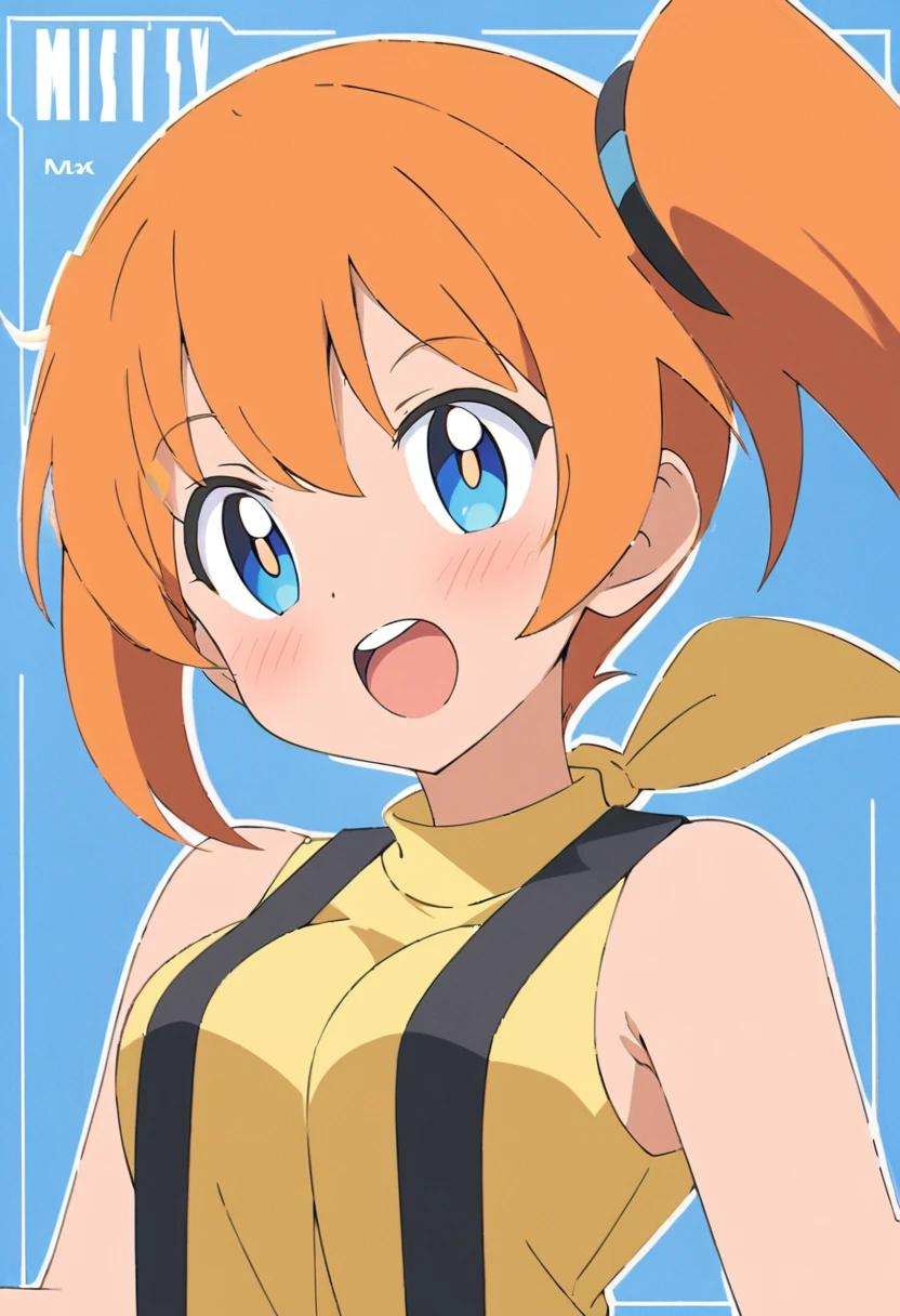 score_9, score_8_up, score_7_up, score_6_up, score_5_up, zPDXL2, max detail, 4k wallpaper, masterpiece, best quality, absurdres, highres, dynamic angle, dynamic pose, source_anime, PokemonStyle, pokemon \(anime\), pokemon \(classic anime\), flat color,
1girl, solo, misty (pokemon), open mouth, orange hair, blue eyes, upper body, suspenders, side ponytail, breasts, teeth, blush, outline, shirt, short hair, yellow shirt, blue background, simple background, sleeveless, bangs, looking to the side, upper teeth only, bright pupils, bare shoulders, sleeveless shirt, character name, tongue