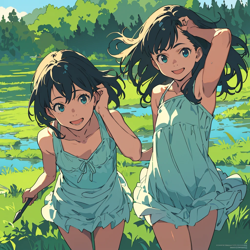 reasonable design, Clear lines, High Sharpness, (highest quality,8K,Perfect sharpness,Ultra fine,High resolution,masterpiece:1.2), Perfect Anatomy:1.5, Official Art, Illustrations that tell a story, (Whitish background:0. 9）、Body Positivity、More Mr.Physical expression、（Random and mischievous poses）、Perfect beauty、Perfect beautiful face、Strong winds、A rich expression、Dynamic composition、smile、Golden ratio composition、colorful、（Mr.Different angles and perspectives）、anime art、mini skirt、（Overcoming stereotypes）、 Glowing Skin、（Natural beauty）、smile、bangs、Straight Hair、（Soft and flowing hair）、（Rural Scenery）、（Nostalgic atmosphere）、Insert up to the thighs、（Playful and carefree）、（More Mr.Ethnic characters）、（innocent attitude）、（Sunny atmosphere）、Skirt flipped up、（Bright colors）、Belly button exposed、Beautiful Eyes、A skirt fluttering in the wind、Put it in to your feet、Some composition patterns、Tank top、ル、sensuous、Geometric pattern、