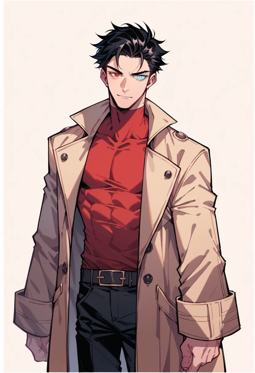 Human Male, Black hair Style , Skin Coat , Red shirt, Heterochromia