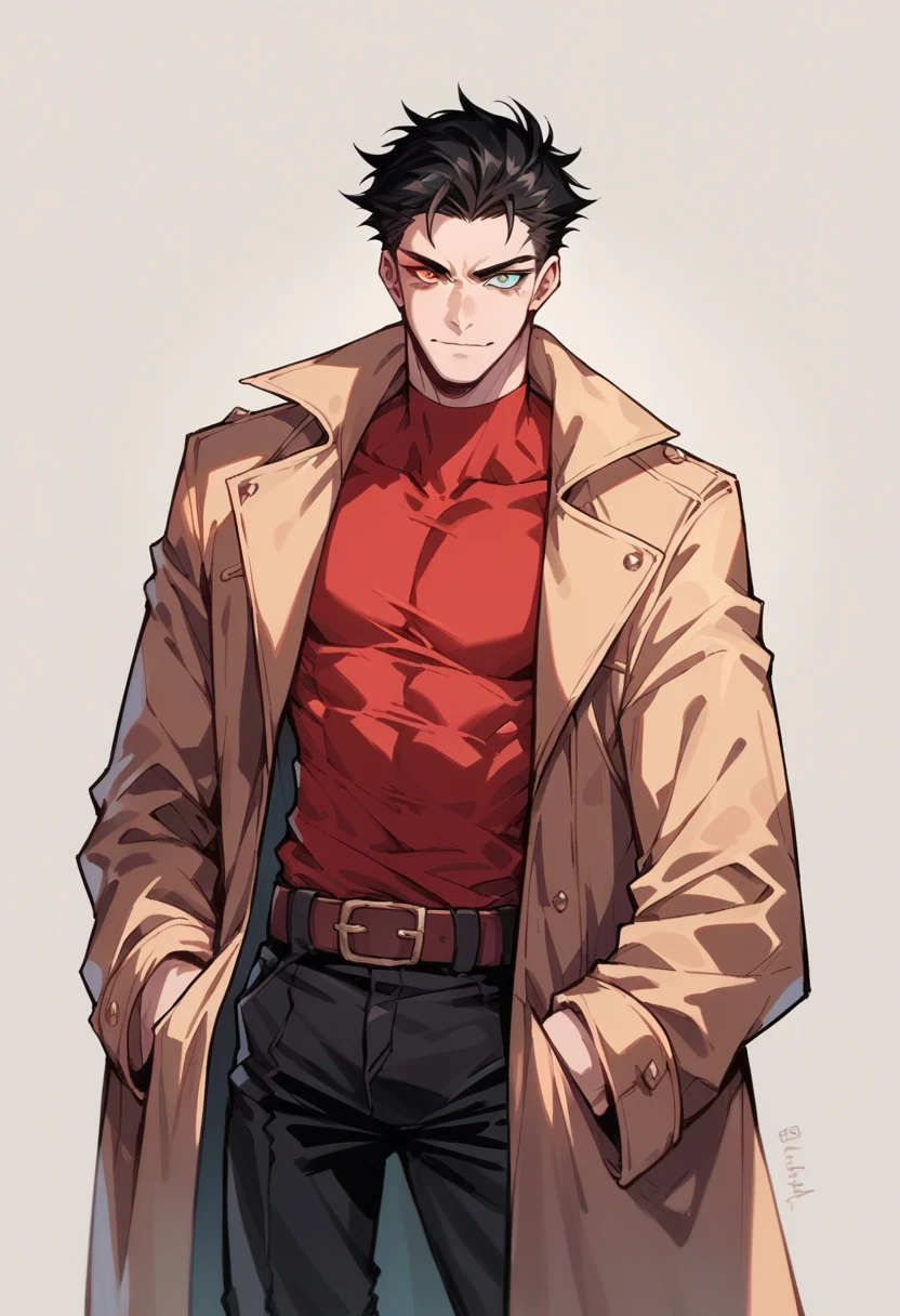 Human Male, Black hair Style , Skin Coat , Red shirt, Heterochromia 