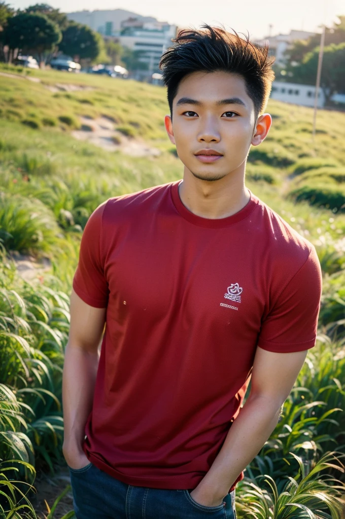 A handsome, muscular young Asian man looks at the camera. In a simple t-shirt white and red , Fieldside, grass, beach, sunlight