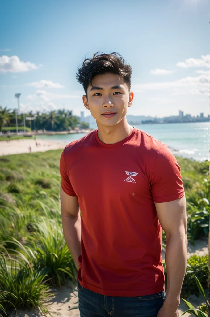 A handsome, muscular young Asian man looks at the camera. In a simple t-shirt white and red , Fieldside, grass, beach, sunlight