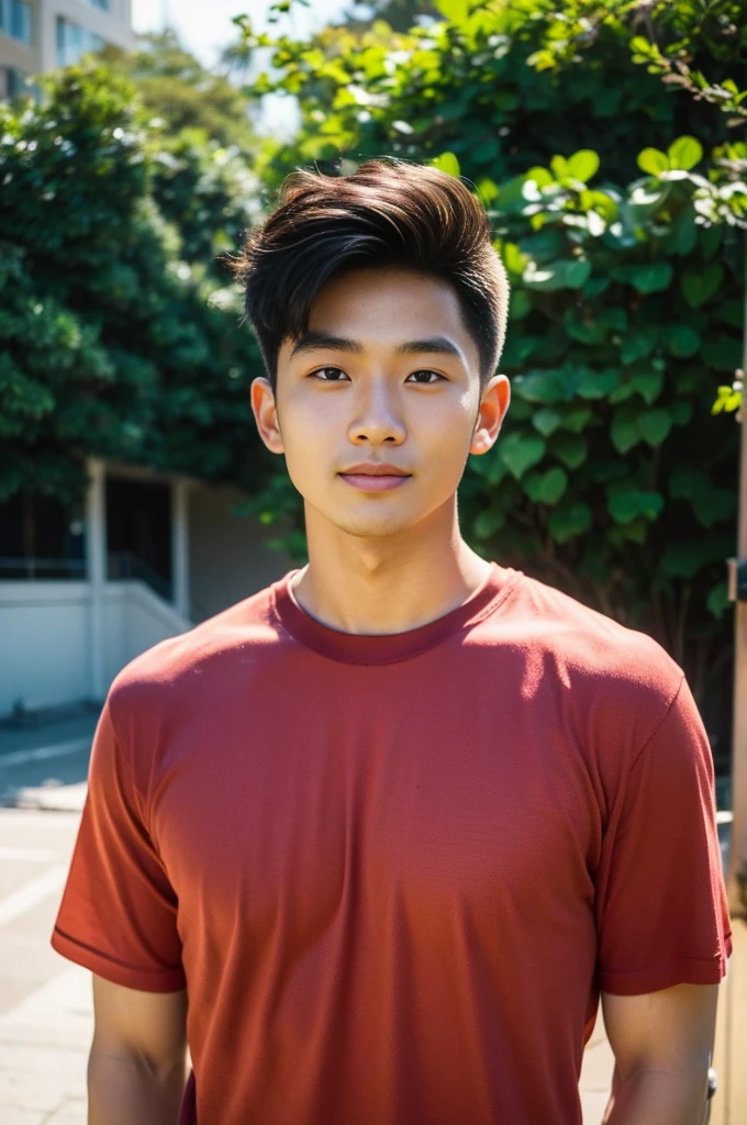 A handsome, muscular young Asian man looks at the camera. In a simple t-shirt white and red , Fieldside, grass, beach, sunlight