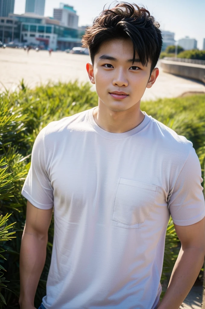 A handsome, muscular young Asian man looks at the camera. In a simple t-shirt white and red , Fieldside, grass, beach, sunlight