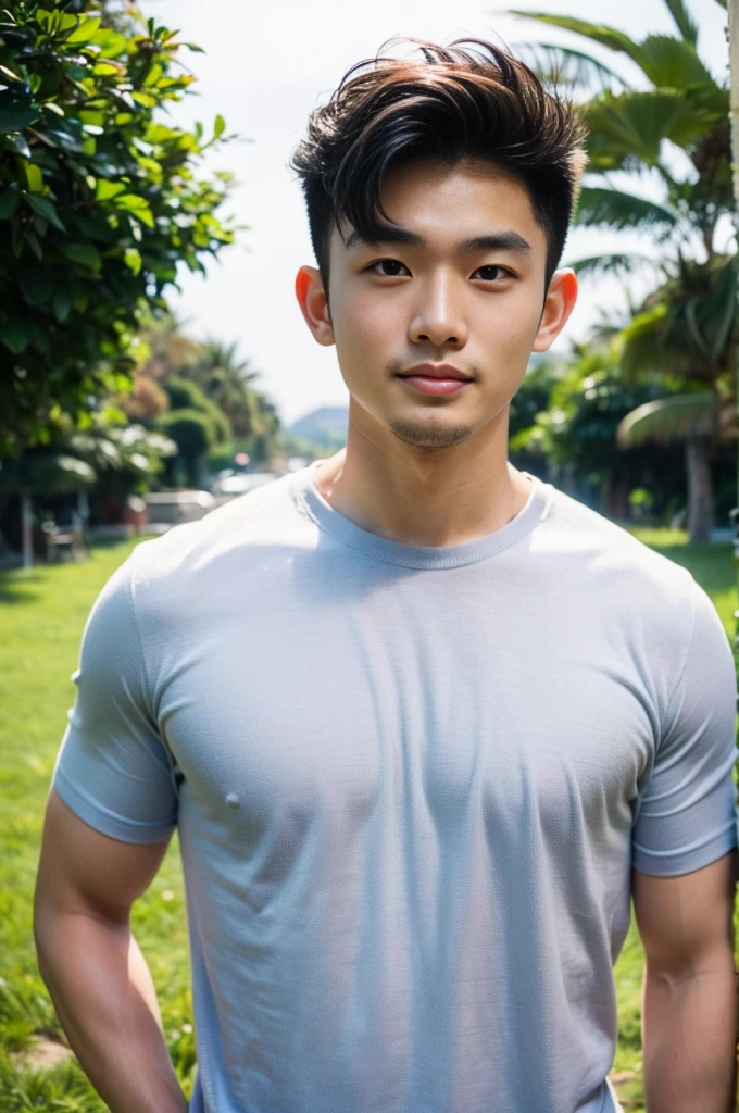 A handsome, muscular young Asian man looks at the camera. In a simple t-shirt white and red , Fieldside, grass, beach, sunlight