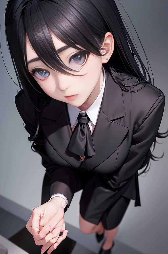 Officelady、Black jacket、Black tight skirt、White blouse、Black tights、High pumps with black heels、Black hair、s Office、lana、Beautiful woman、gazing at viewer、Looking here、hight resolution、top-quality、full body Esbian、animations、illustratio、Ultra-detailed delicacy