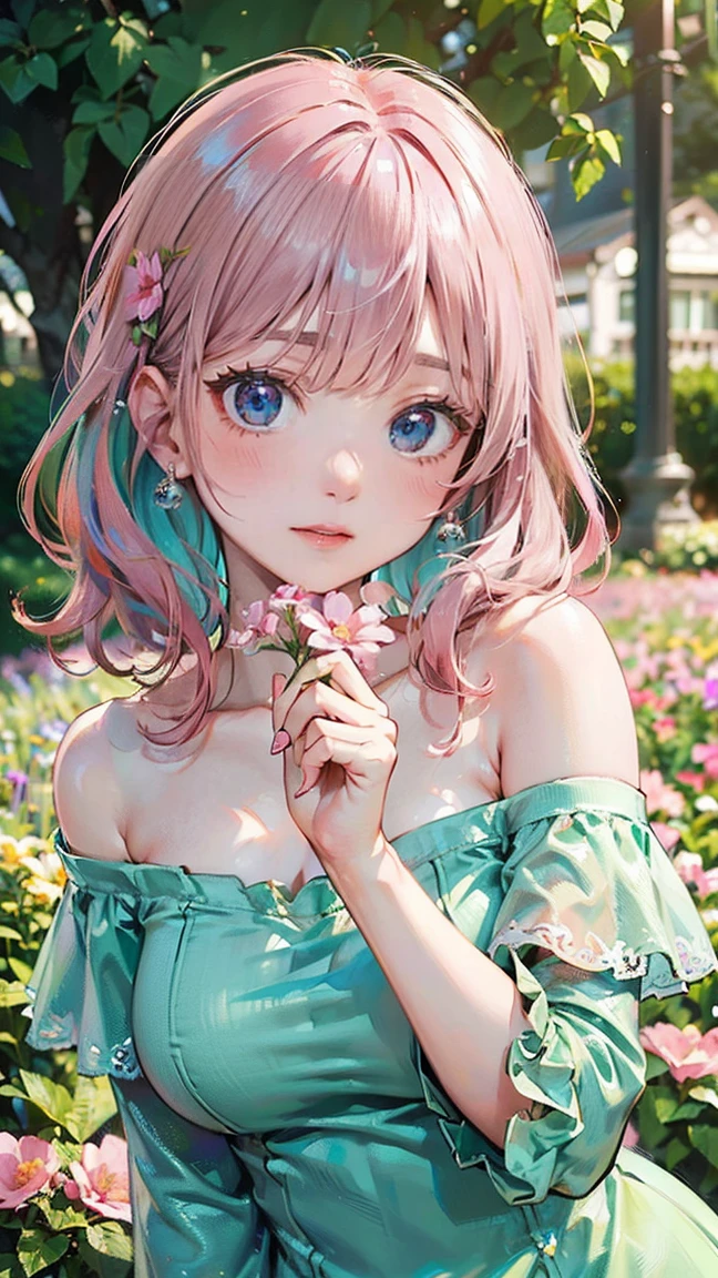 (Masterpiece, BestQuality:1.3), (ultra detailed:1.2), (hyperrealistic:1.3), (RAW photo:1.2), High detail RAW color photo, professional photograph, (Photorealistic:1.4), (realistic:1.4), (Pink Hair:1.5), professional lighting, perfect anatomy, (Big Breasts:1.2), (blush, detailed face), (A happy smile:1.7), sexly, erotic sexly, Random sexy gravure poses, (A beautiful, refreshing girl wearing a mint green off-shoulder dress、Smiling while picking flowers in a flower field、Pearl Earrings、Pose with flowers in hand。:1.3)